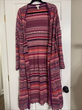 Chico's Pink and Purple Patterned Open-Front Long Cardigan